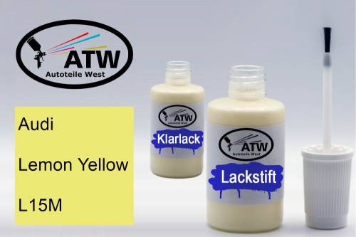 Audi, Lemon Yellow, L15M: 20ml Lackstift + 20ml Klarlack - Set, von ATW Autoteile West.